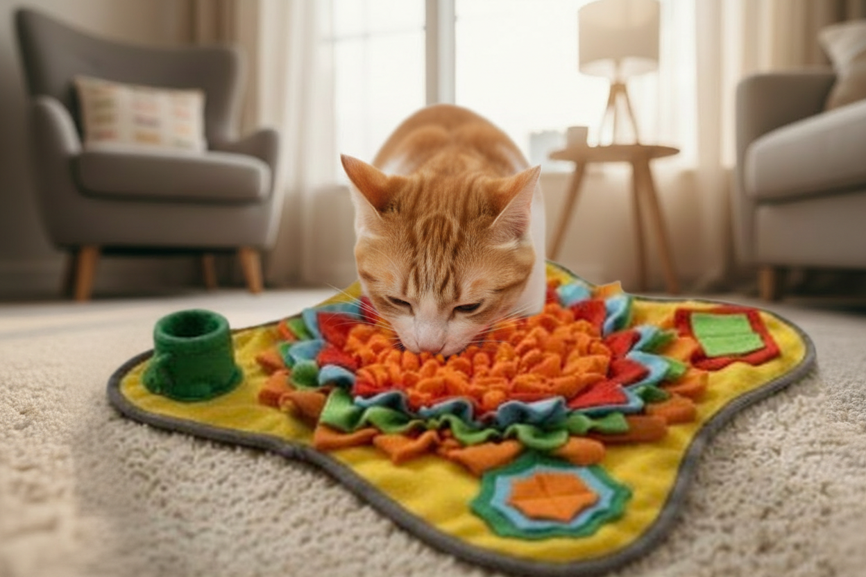 Chat qui renifle des croquettes dans le tapis snuffle - ambiance cosy