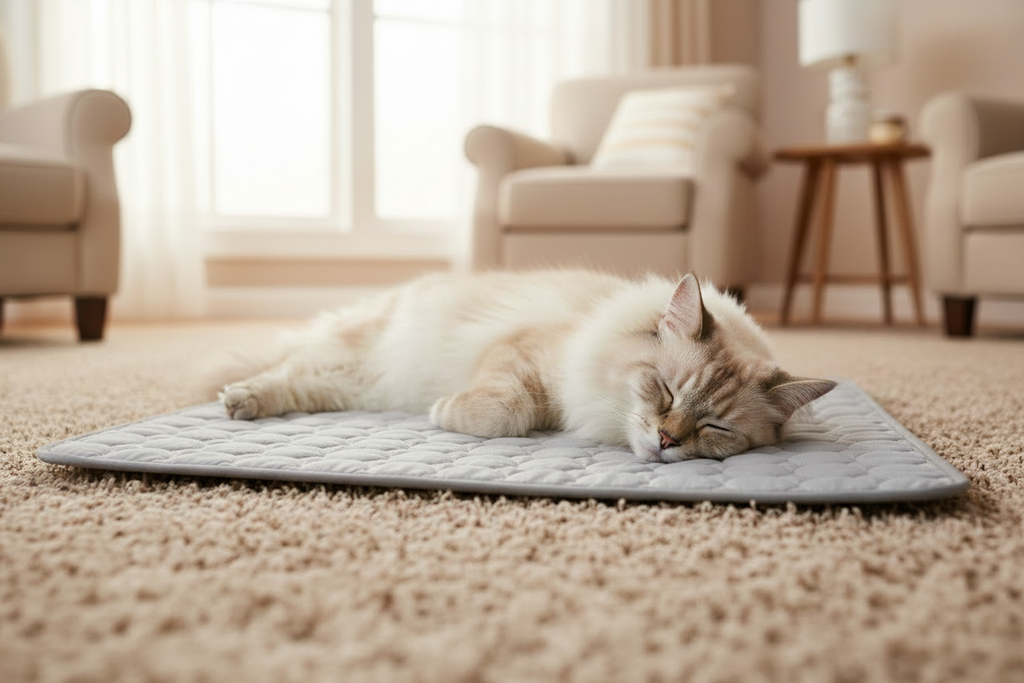 Chat sur tapis gris - ambiance cosy