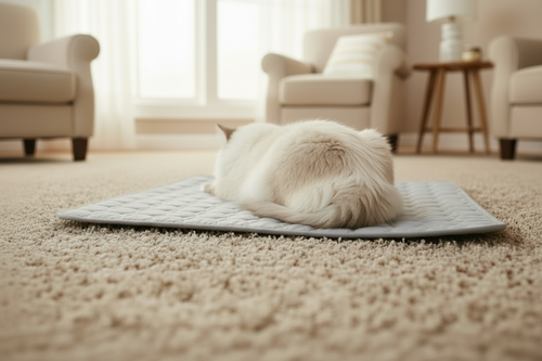 Chat sur tapis gris - angle derrière