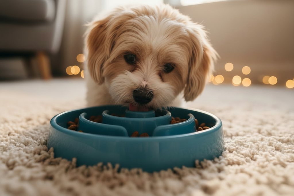 Chien avec gamelle anti-glouton - ambiance cosy