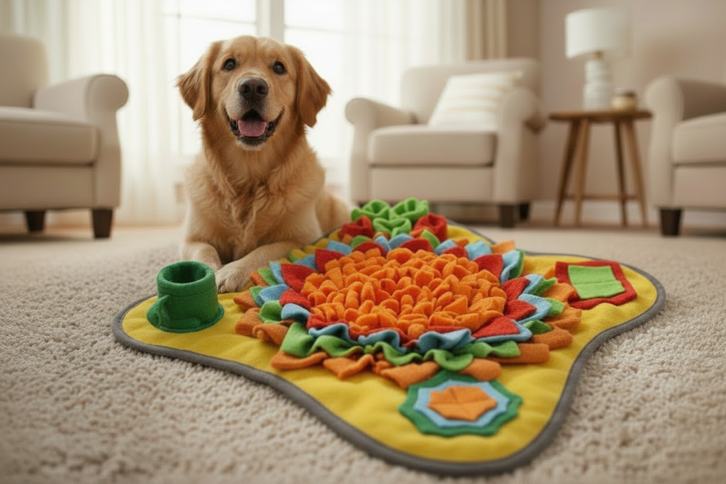 Chien avec tapis snuffle très petit - fond lumineux