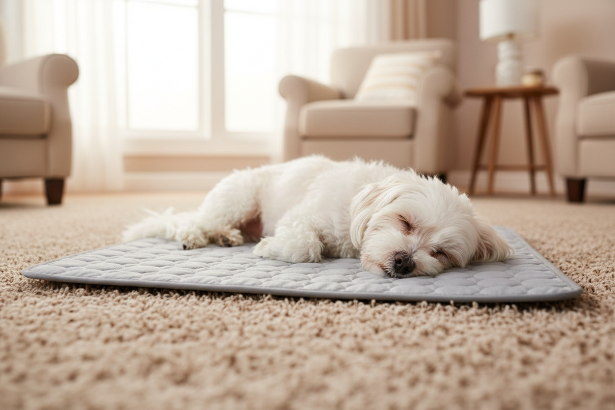 Chien sur tapis gris - ambiance cosy