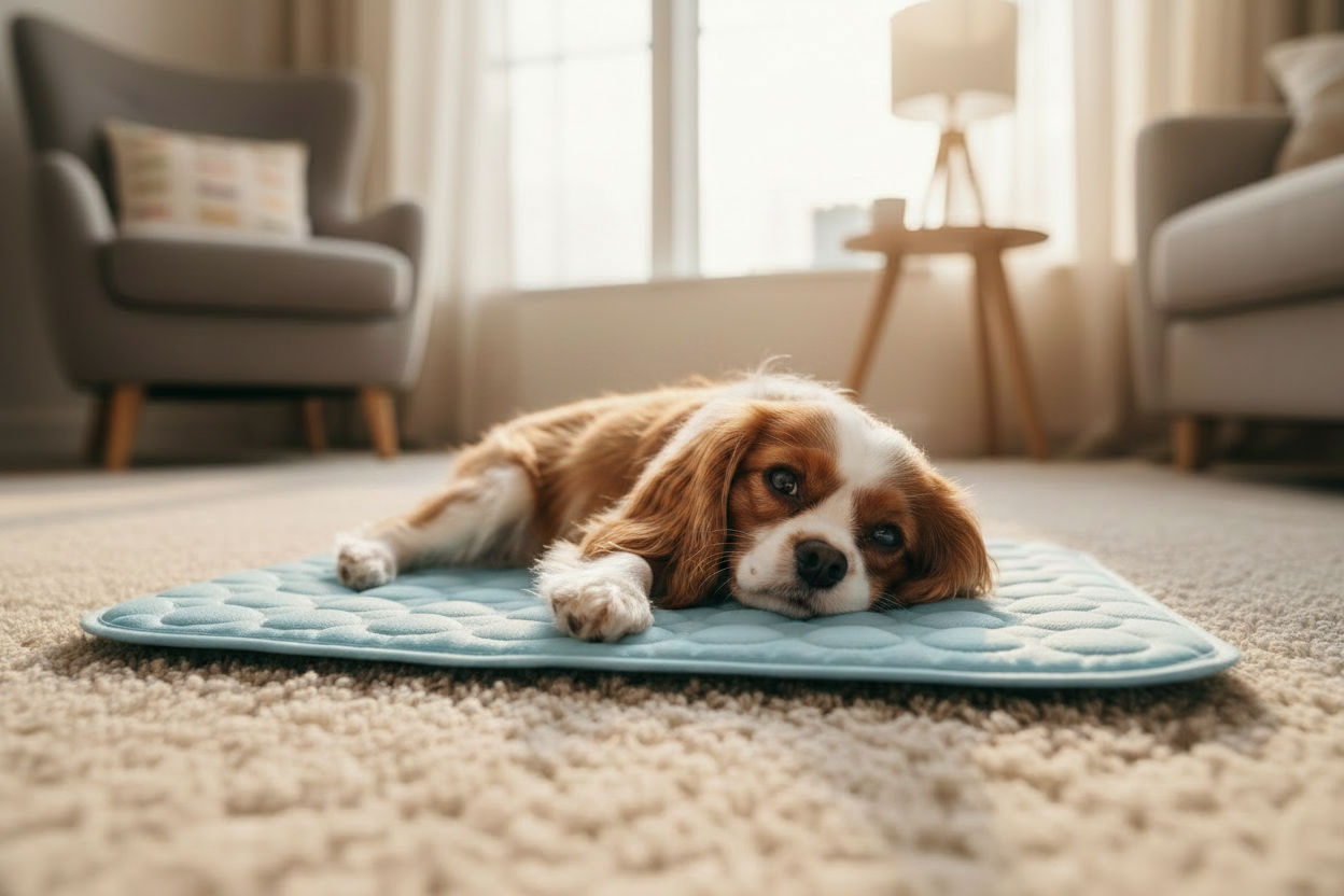 Chien sur tapis rafraîchissant - ambiance cosy